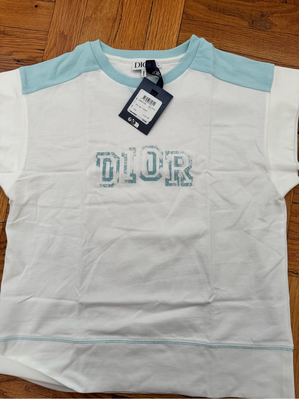 Dior Kids White Tee with Light Blue Logo and Accents
